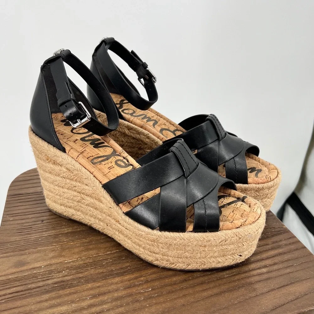 Sam Edelman Marietta Black Leather Espadrille Wedge Sandals Platform 8.5M